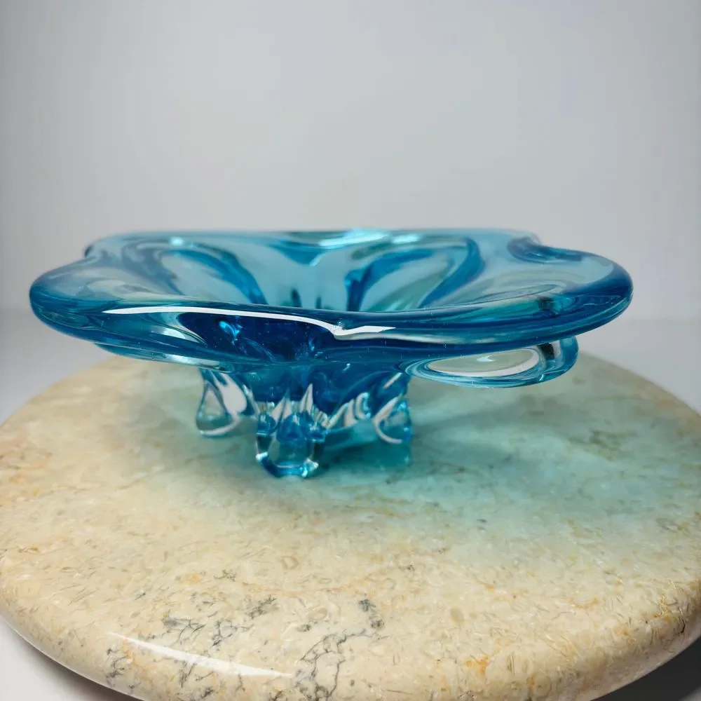 Vintage Murano Sommerso Blue Glass‎ Abstract Decorative Bowl MCM 60s 70s